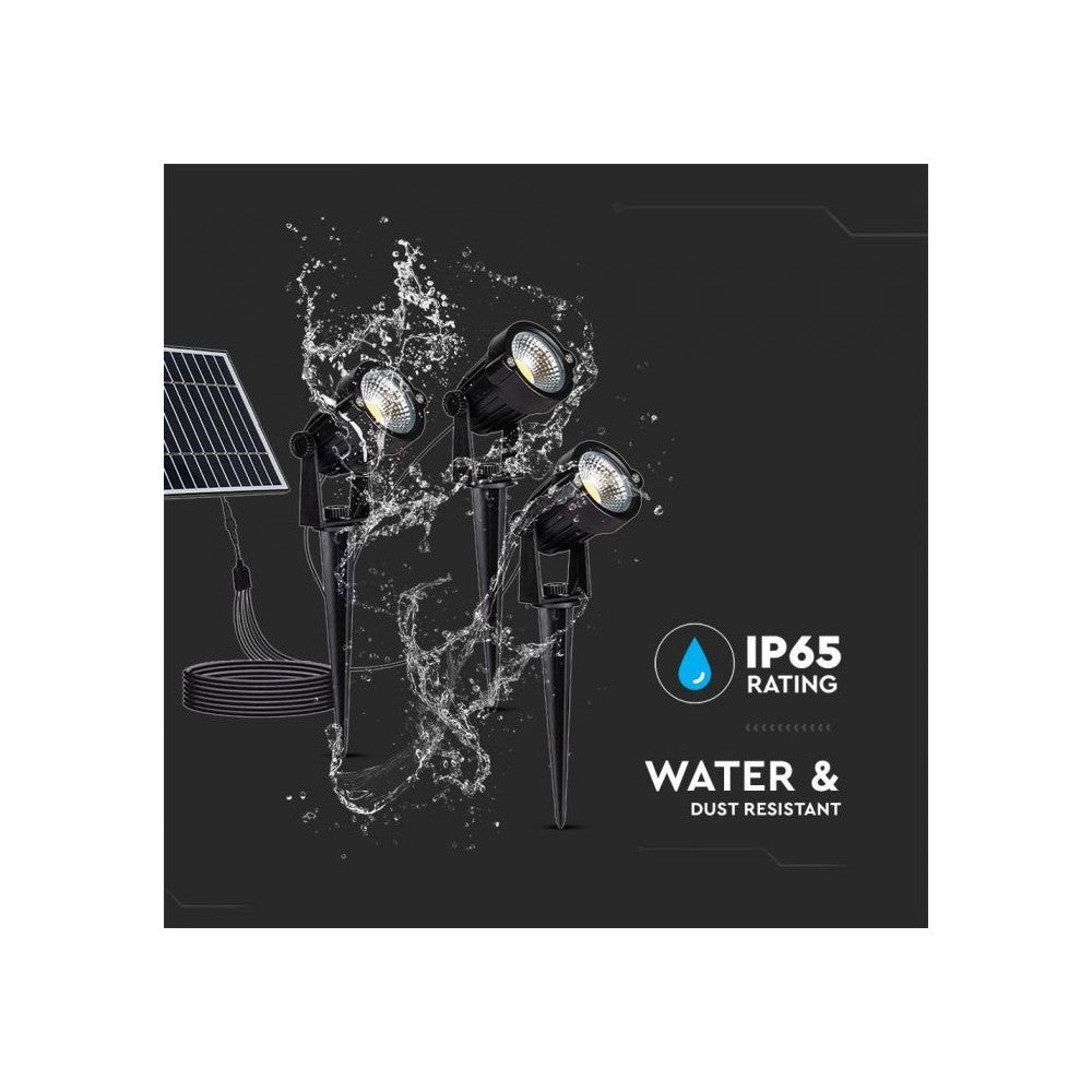 V-Tac Sorte Solcelle Havelamper med LED (3x1.2W) - Inkluderer Spyd og har IP65 Vandtæthed - 3 års Producentgaranti