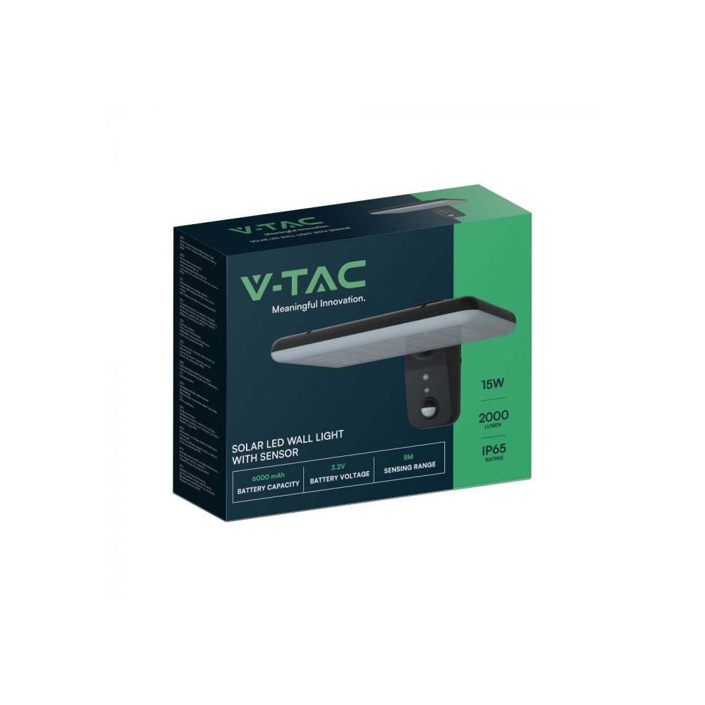 V-Tac 15W Solcelle væglampe LED - Sort, sensor, IP65, 2000lm (3 års producentgaranti)