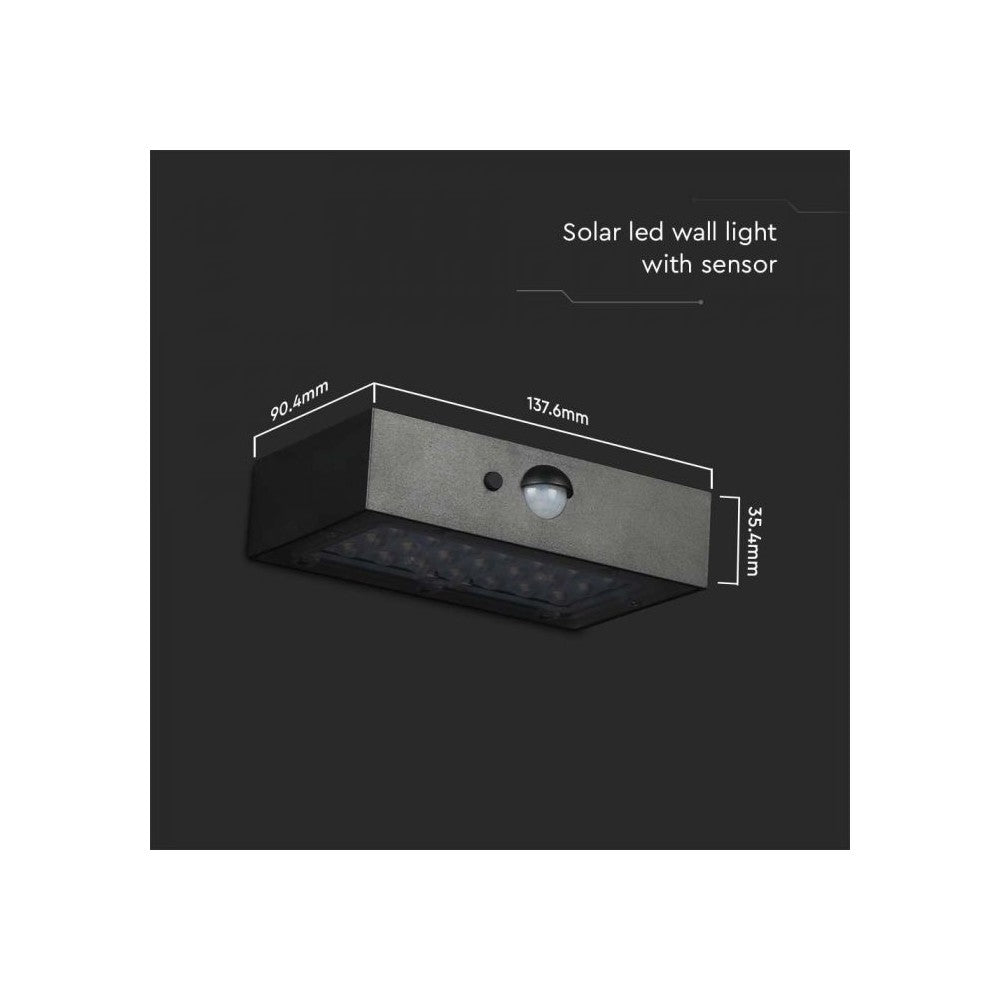 V-Tac 3W Solcelle Væglampe LED - Sort, Med Sensor, Vandtæt IP65