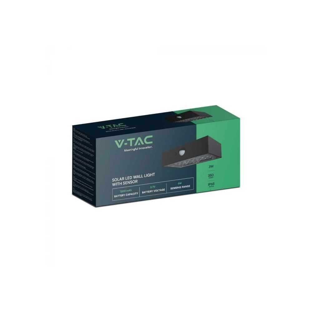 V-Tac 3W Solcelle Væglampe LED - Sort, Med Sensor, Vandtæt IP65