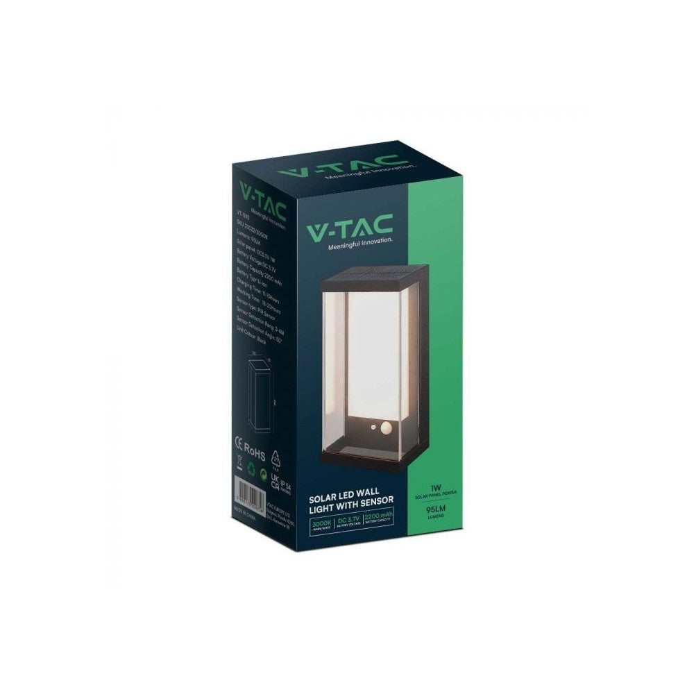 V-Tac 1W Solcelle Væglampe LED - Sort, med sensor, vejrbeskyttet IP54