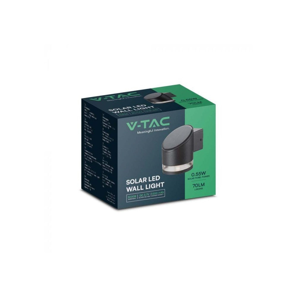 V-Tac 1W Solcelle Væglampe LED - Sort, Rund, IP54, 70lm, 3 års Producentgaranti