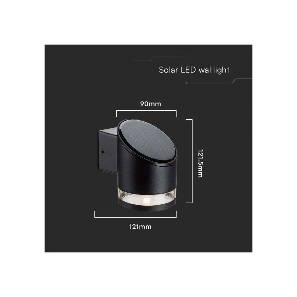 V-Tac 1W Solcelle Væglampe LED - Sort, Rund, IP54, 70lm, 3 års Producentgaranti