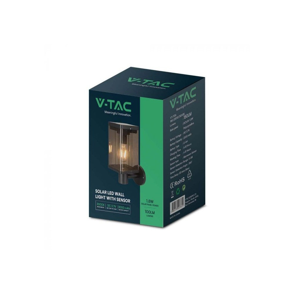 V-Tac 2.5W Solcelle væglampe LED - Sort, sensor, IP54, 150lm