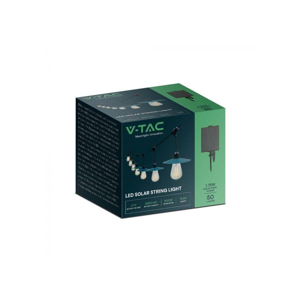 V-Tac Solcelle lyskæde med 15 stk. 0.2W pærer - 15 meter, IP44, inkl. lyskilde - 1,75W effekt, 50lm