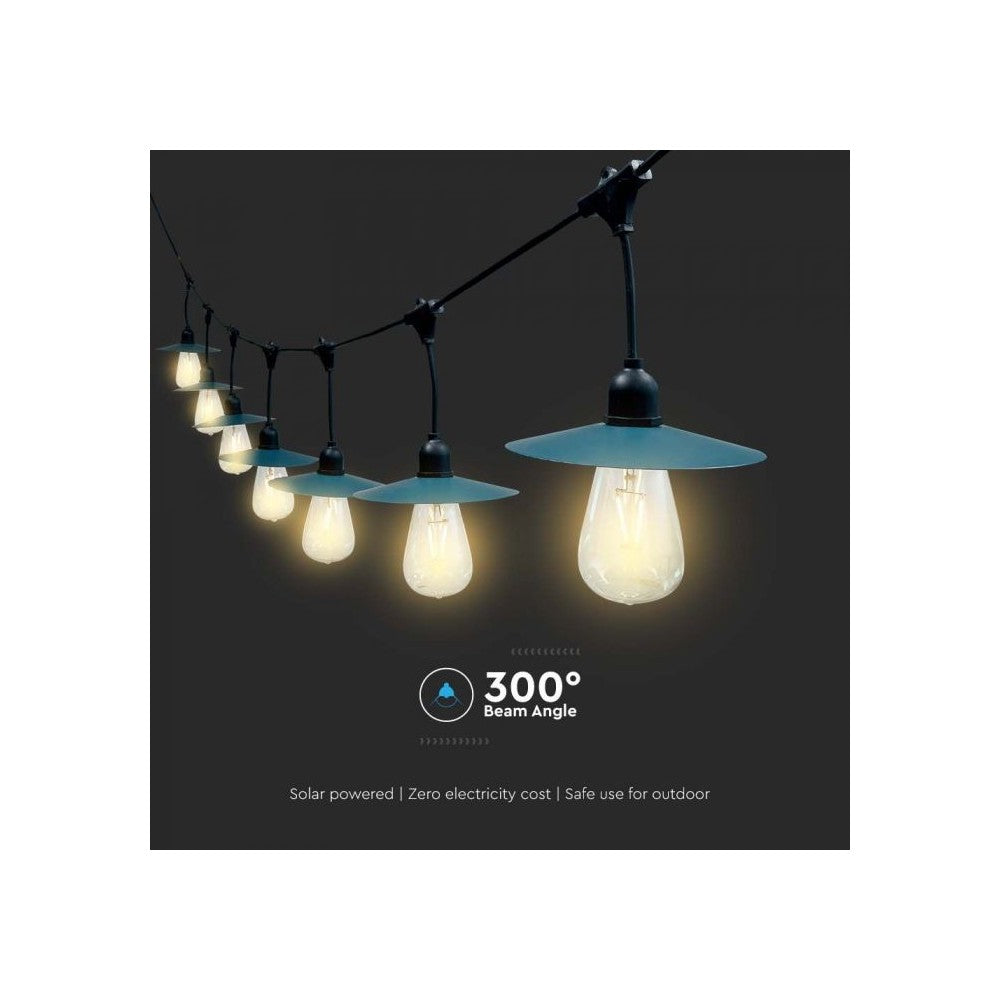 V-Tac Solcelle lyskæde med 15 stk. 0.2W pærer - 15 meter, IP44, inkl. lyskilde - 1,75W effekt, 50lm