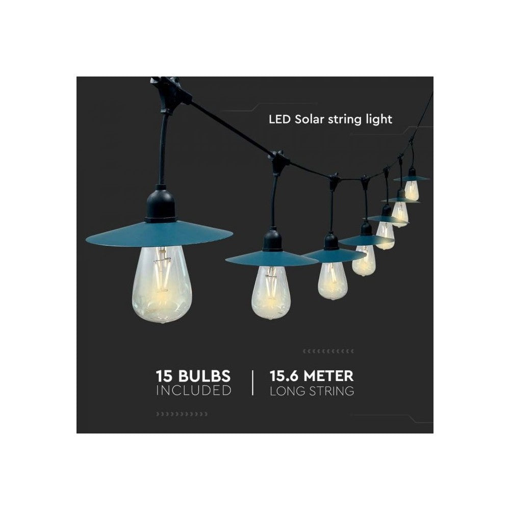 V-Tac Solcelle lyskæde med 15 stk. 0.2W pærer - 15 meter, IP44, inkl. lyskilde - 1,75W effekt, 50lm