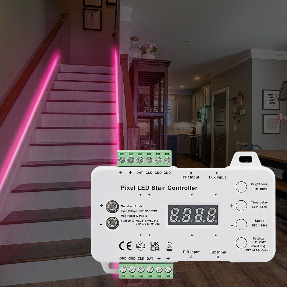 Trappe RGB LED stripsæt - 2x5m, 16W, 24V, IP30, med sensor og fjernbetjening