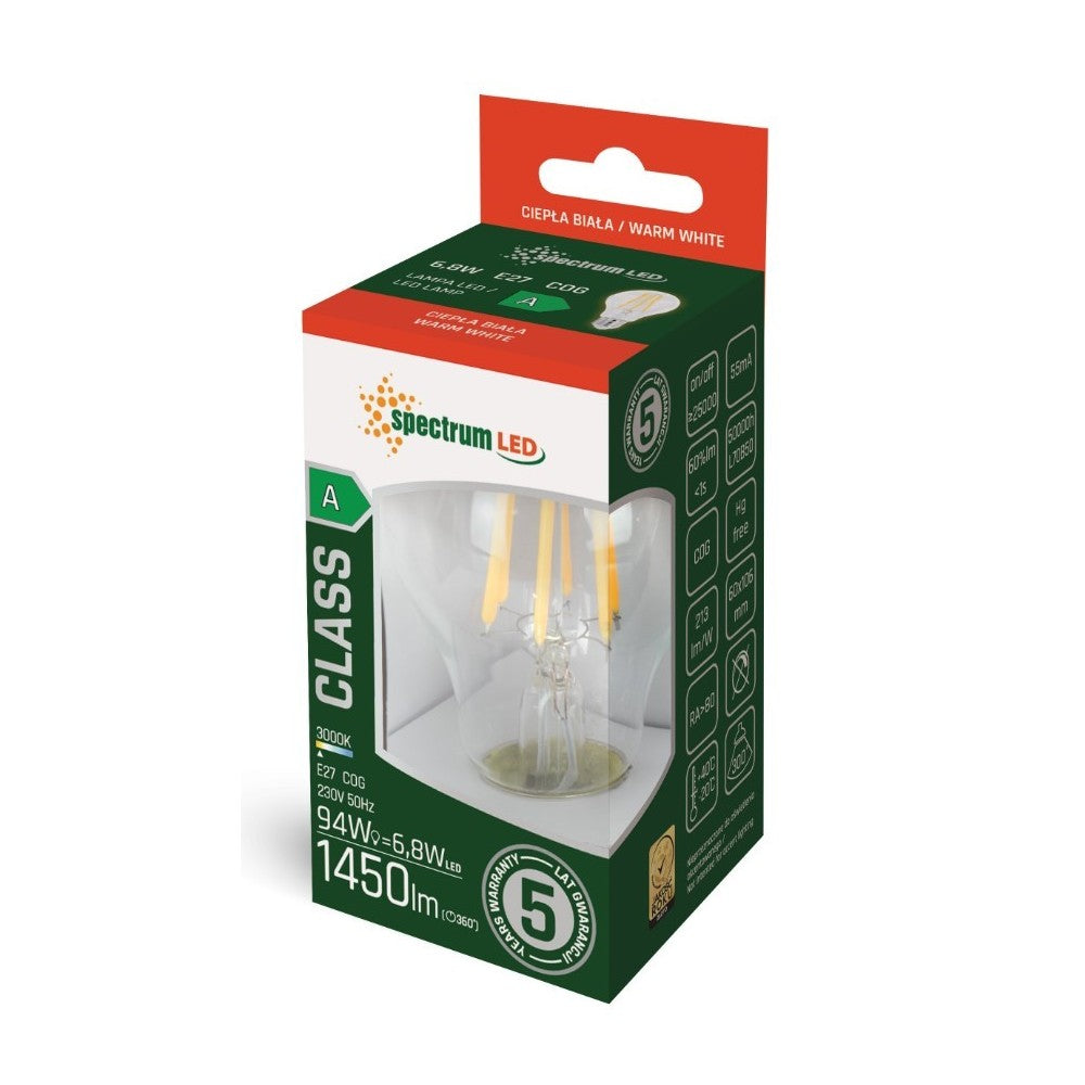 Spectrum 6,8W LED pære - 213 lm/W, A60, kultråd, klart glas, E27