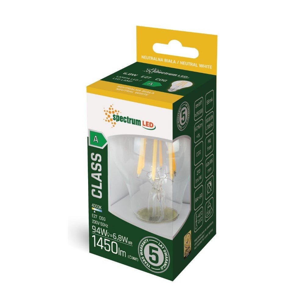Spectrum 6,8W LED pære - 213 lm/W, A60, kultråd, klart glas, E27