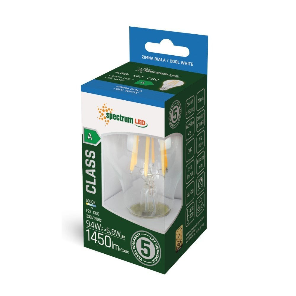 Spectrum 6,8W LED pære - 213 lm/W, A60, kultråd, klart glas, E27