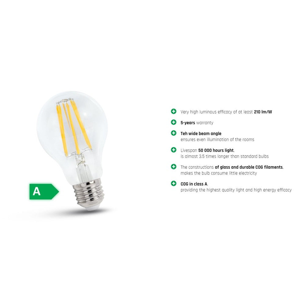 Spectrum 6,8W LED pære - 213 lm/W, A60, kultråd, klart glas, E27