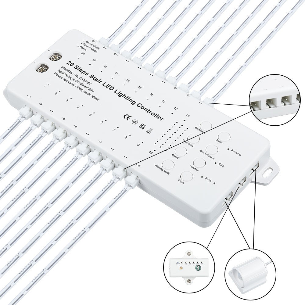 Trappe LED COB stripsæt med sensor og tænd/sluk kontakt (Op til 20 trin, 11W/trin, 24V, IP20, 220W)