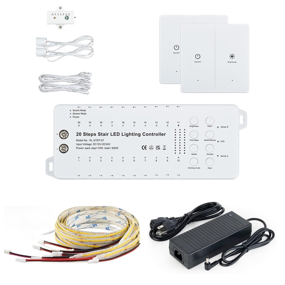 Trappe LED COB stripsæt med sensor og tænd/sluk kontakt (Op til 20 trin, 11W/trin, 24V, IP20, 220W)