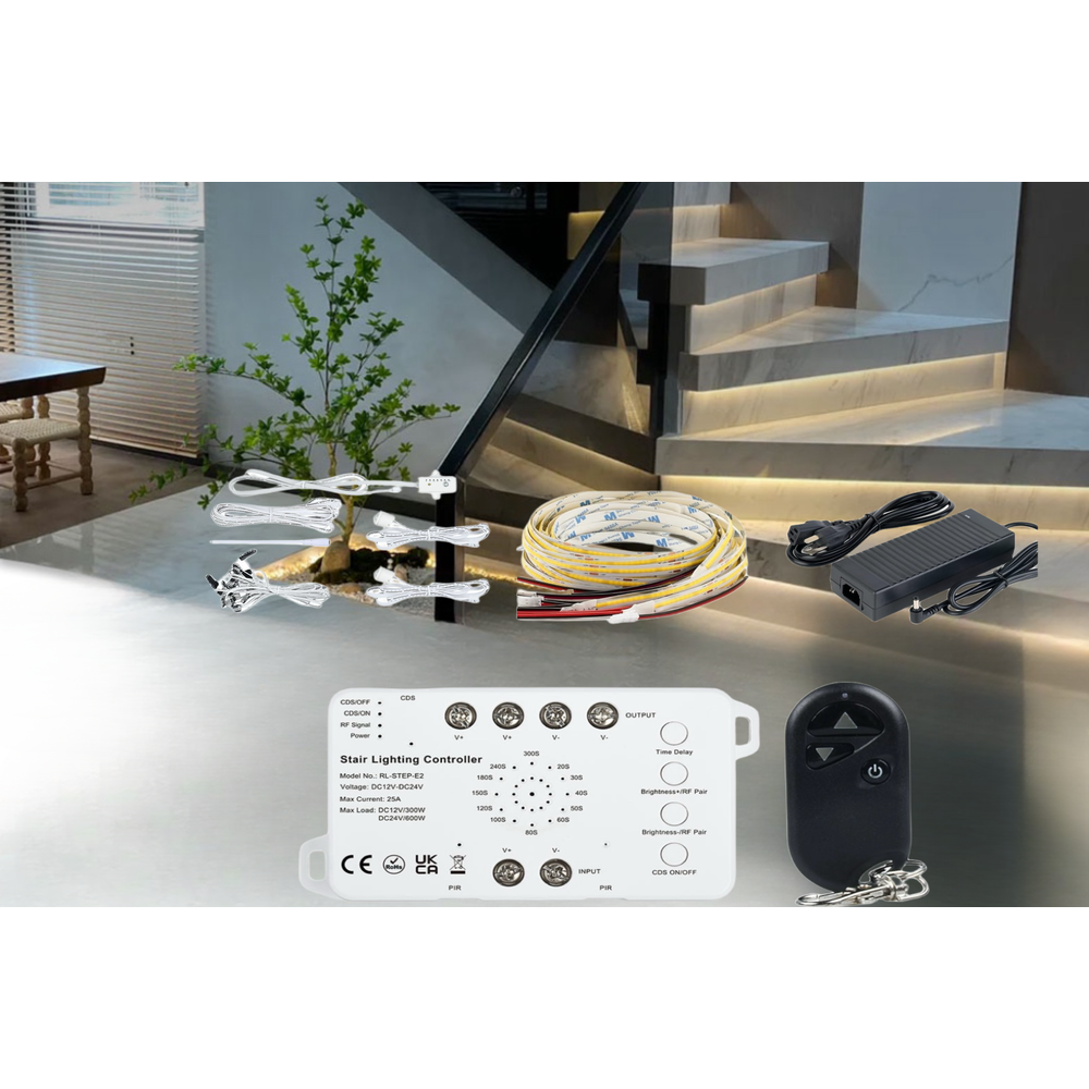 Trappe LED COB stripsæt med sensor og fjernbetjening - Op til 16 trin, 11W pr. trin, 24V, IP20, effekt 176W