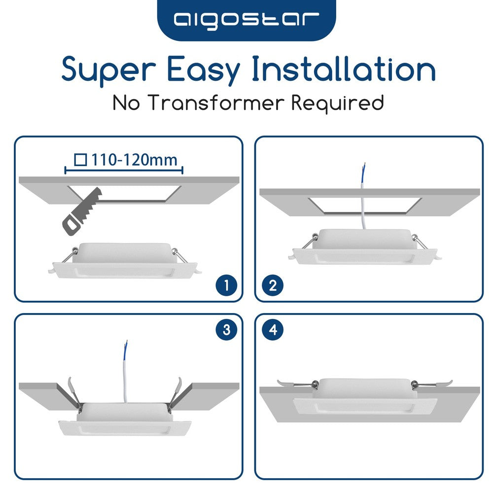 LED E6 Bagbelyst Indbygningsspot, 9W, 3000K, Kvadratisk – Påført Montering (Udskæringsmål: 115-125mm)