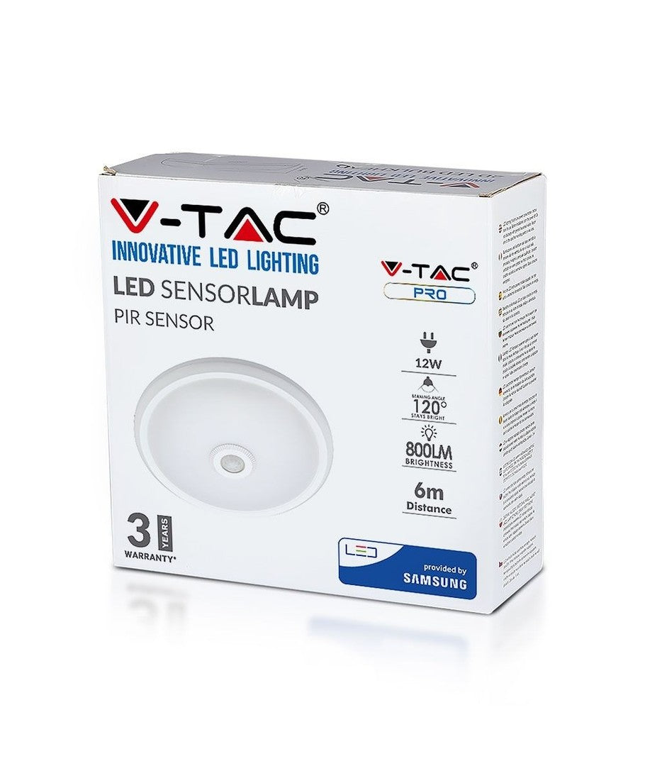 V-Tac 12W LED sensorlampe - Samsung LED chip, PIR sensor, IP20 indendørs, 230V, inkl. lyskilde - Erstatning for 60W - 5 års garanti
