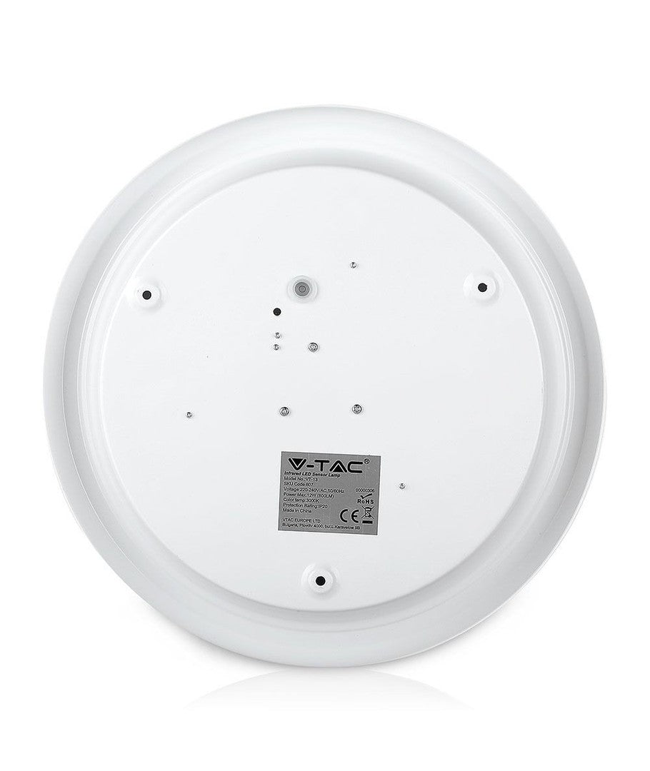 V-Tac 12W LED sensorlampe - Samsung LED chip, PIR sensor, IP20 indendørs, 230V, inkl. lyskilde - Erstatning for 60W - 5 års garanti