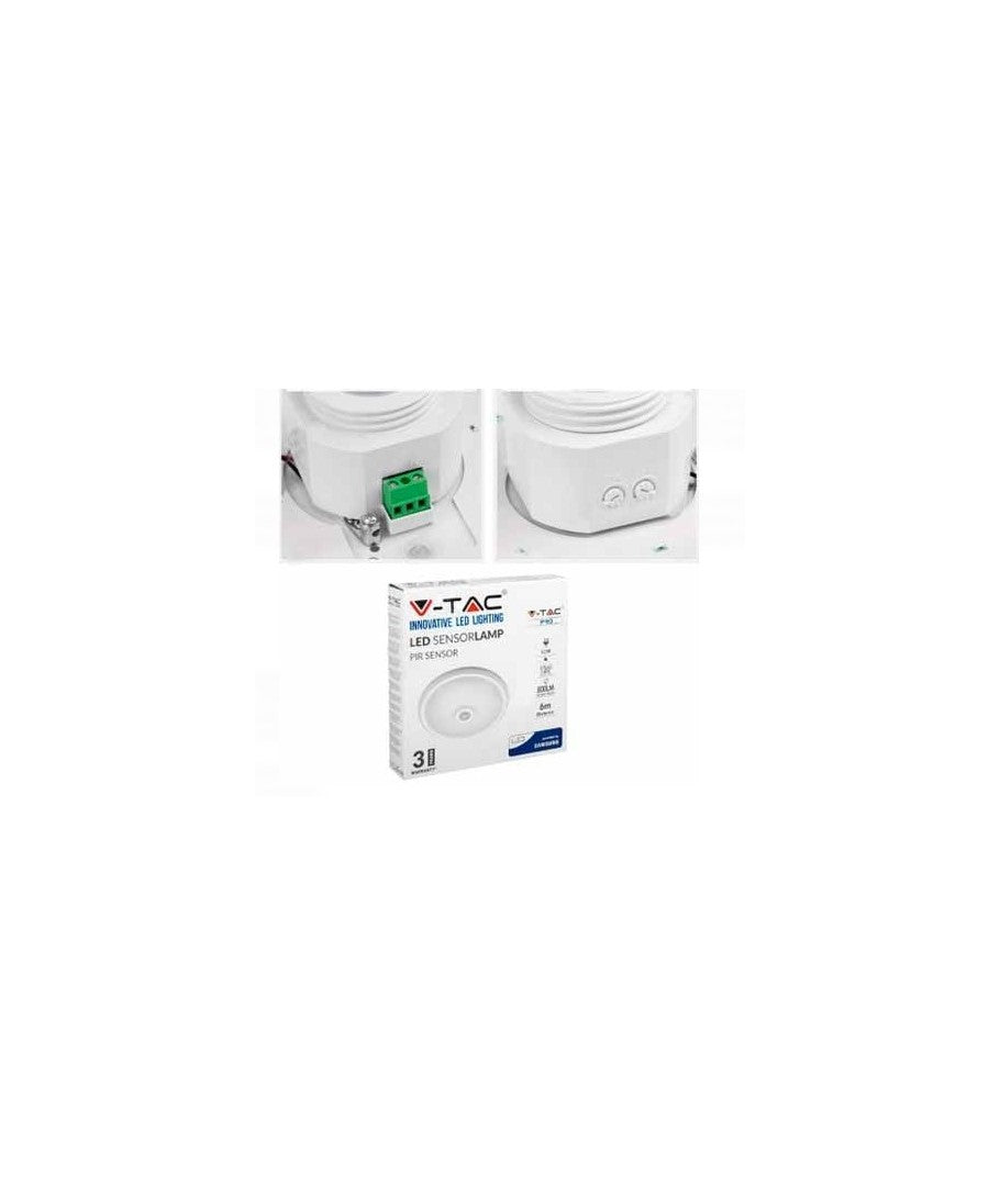 V-Tac 12W LED sensorlampe - Samsung LED chip, PIR sensor, IP20 indendørs, 230V, inkl. lyskilde - Erstatning for 60W - 5 års garanti