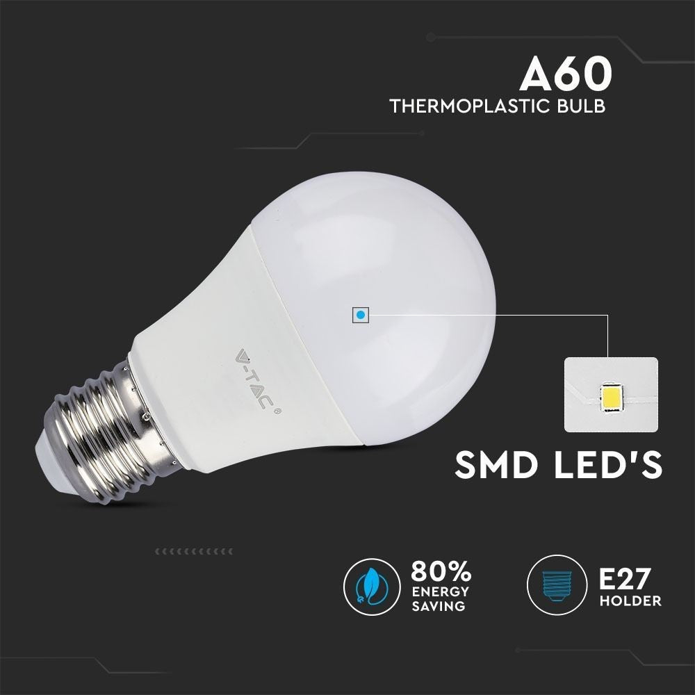 V-Tac 9W LED pære - 200 grader, A60, E27, 806lm, RA80