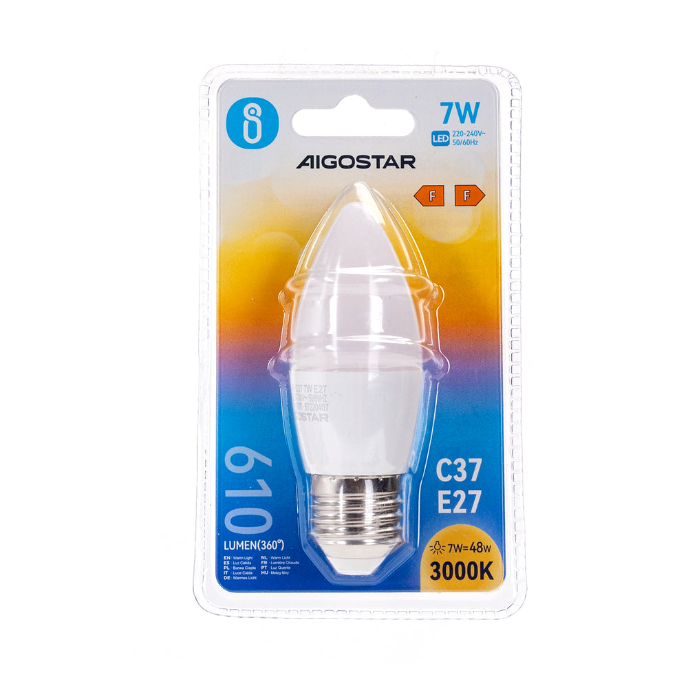 LED lyspære A5 C37 E27 7W 3000K - Erstatter 48W, 610lm, RA80, 3 års garanti