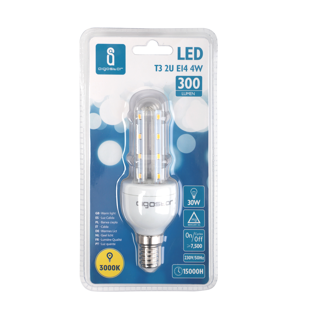 LED Lyspære B5 T3 2U 4W E14 3000K - Erstatter 32W, 230V, 350lm, RA80, 3 års garanti