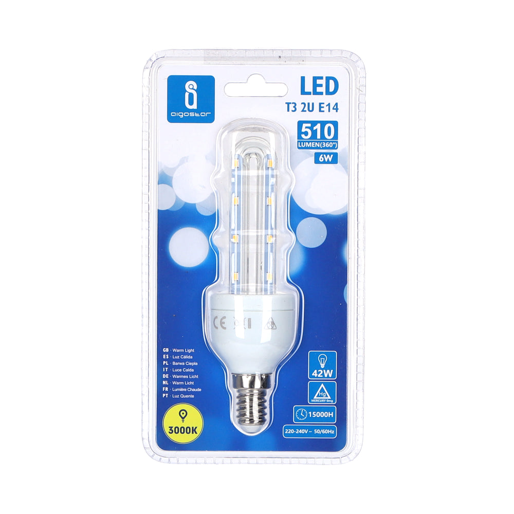LED pære B5 T3 2U 6W E14 3000K - Erstatter 42W, 510lm, RA80, 3 års garanti