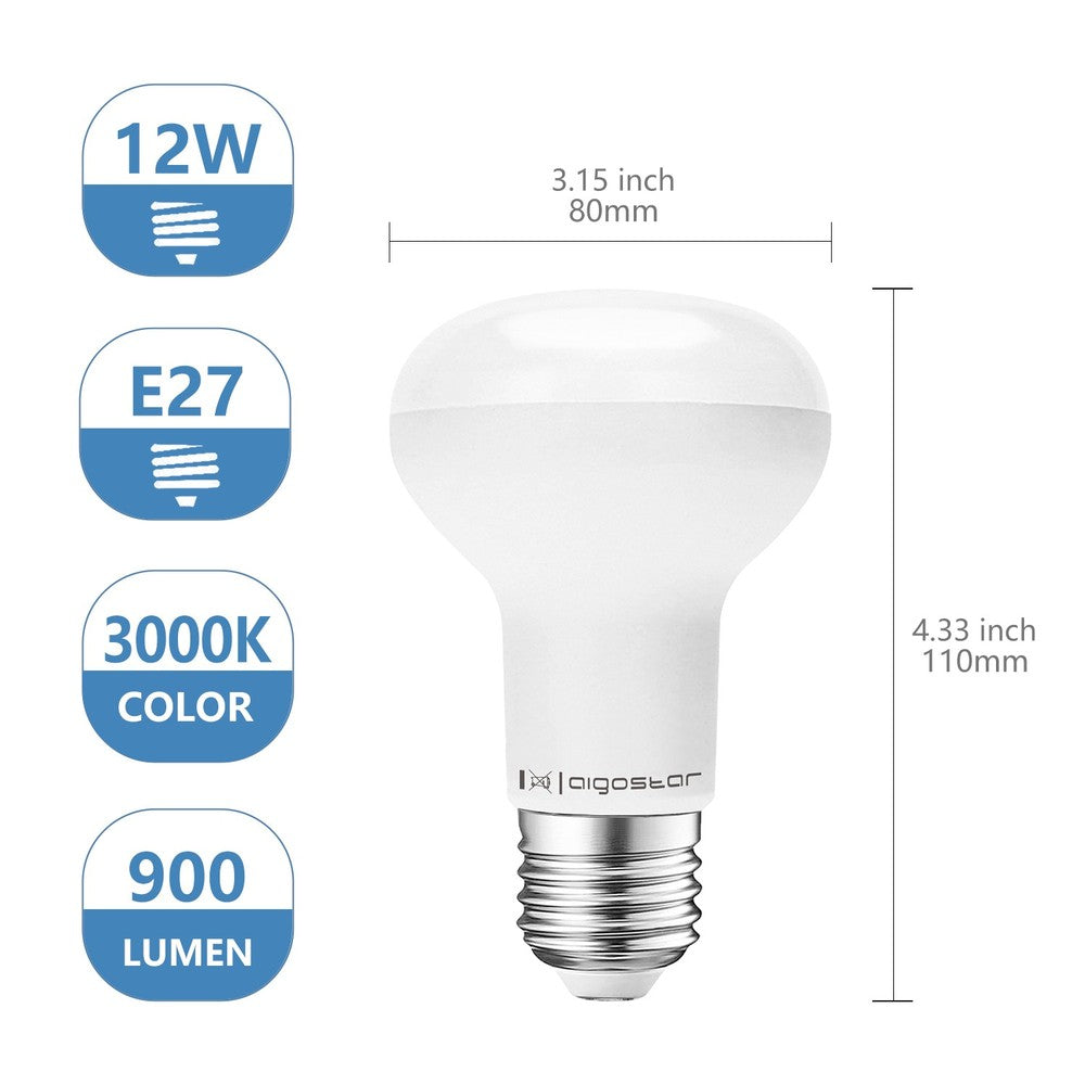 LED-pære A5 R80 E27 12W 3000K, erstatter 81W, 1170lm, RA80, 230V, 3 års garanti