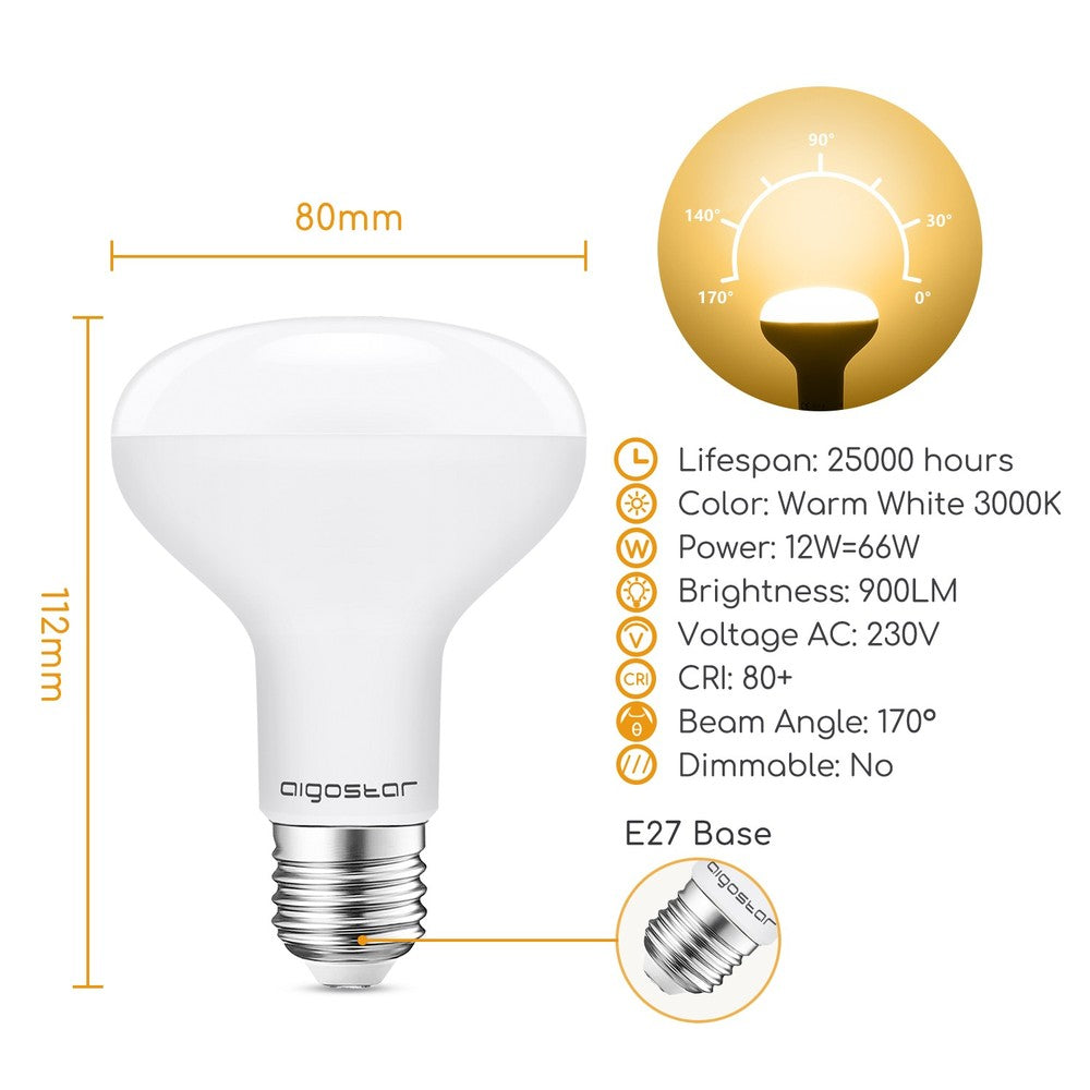 LED-pære A5 R80 E27 12W 3000K, erstatter 81W, 1170lm, RA80, 230V, 3 års garanti
