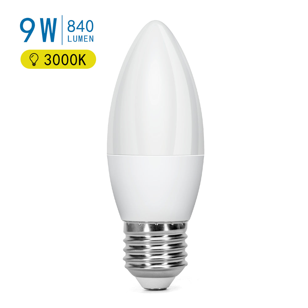 LED Pære A5 C37 E27 9W - 3000K, Erstatter 62W, 840lm, RA80, 3 års garanti.