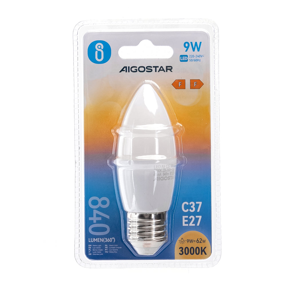 LED Pære A5 C37 E27 9W - 3000K, Erstatter 62W, 840lm, RA80, 3 års garanti.