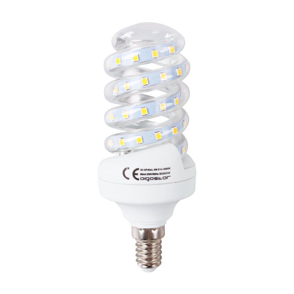 LED B5 Spiral Pære, 9W, E14, 3000K, Erstatter 62W, 230V, 840lm, RA80, 3 års garanti