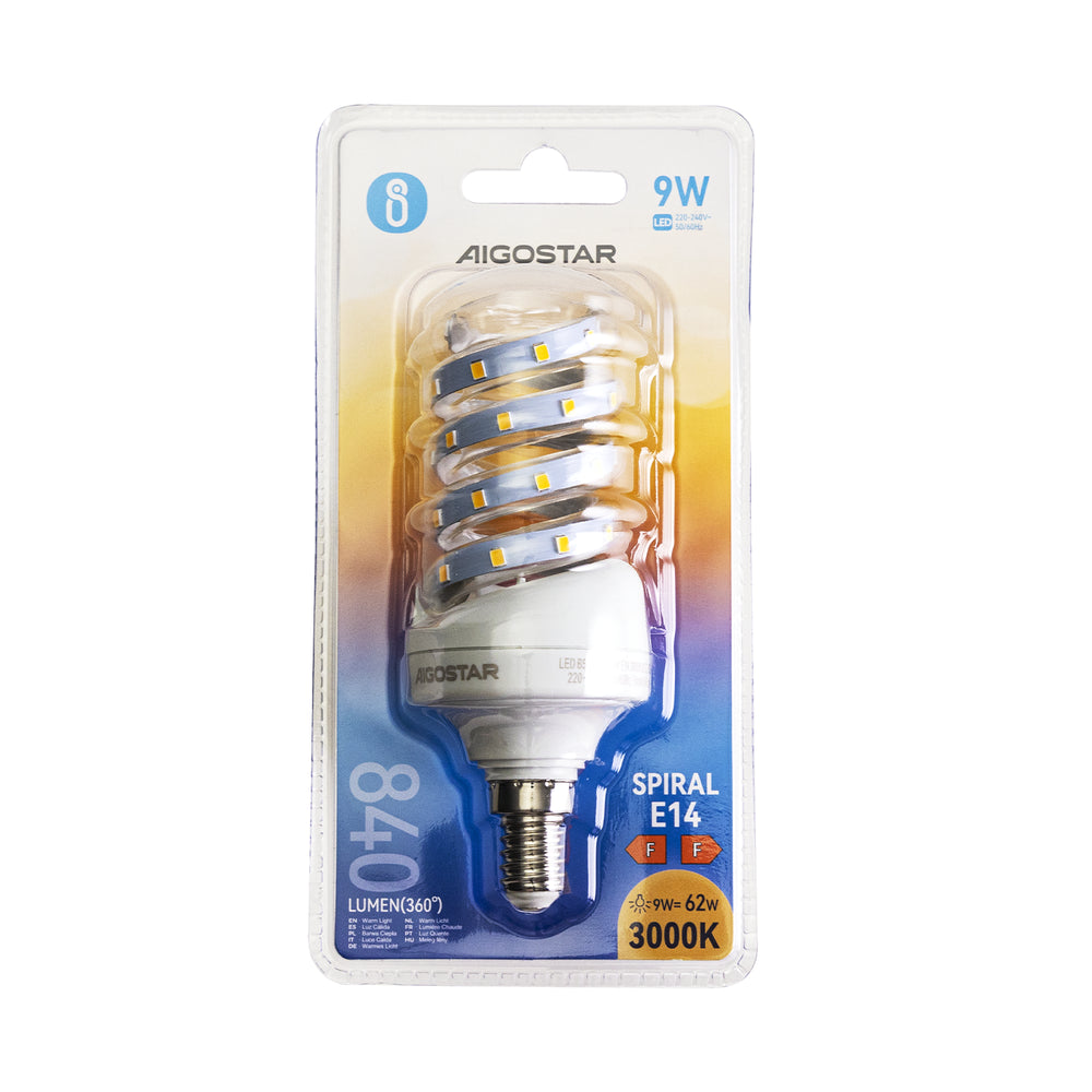 LED B5 Spiral Pære, 9W, E14, 3000K, Erstatter 62W, 230V, 840lm, RA80, 3 års garanti