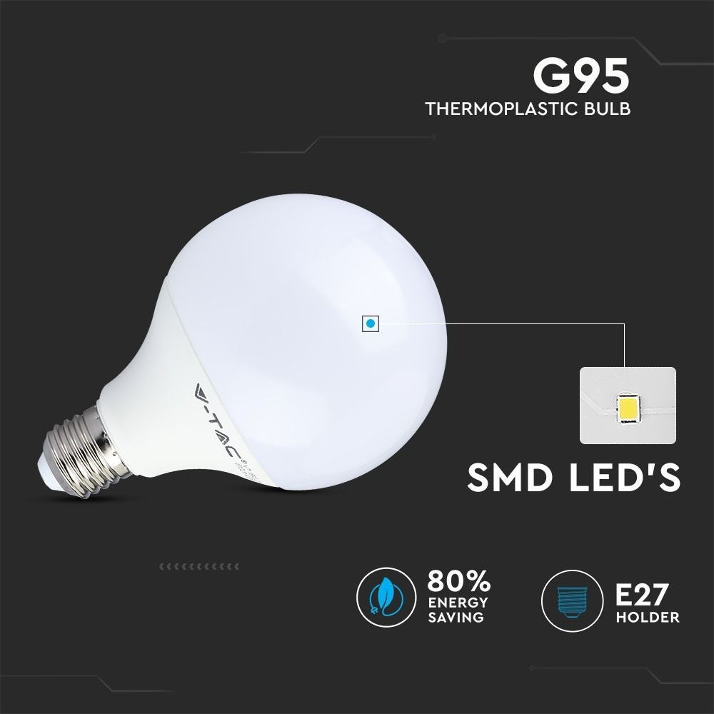 V-Tac 10W LED Globepære - Ø9,5 cm, E27, 810lm, erstatter 60W