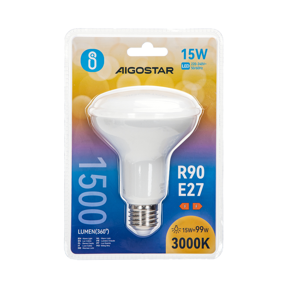LED Pære A5 R90 E27 15W 3000K med 3 års producentgaranti, 230V input, 1500lm, erstatter 99W, RA80