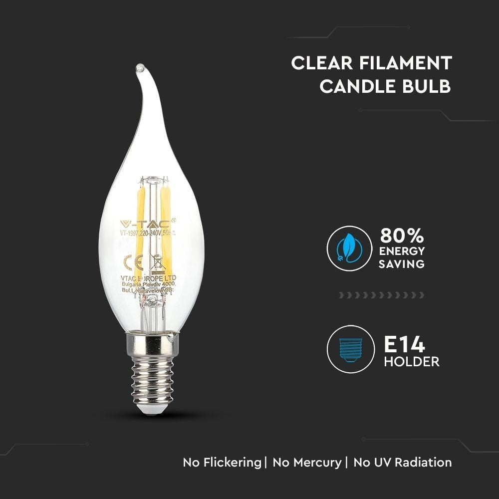 V-Tac 4W LED flammepære - Kultråd, varm hvid, E14, 400lm, RA80