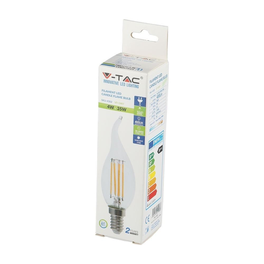 V-Tac 4W LED flammepære - Kultråd, varm hvid, E14, 400lm, RA80