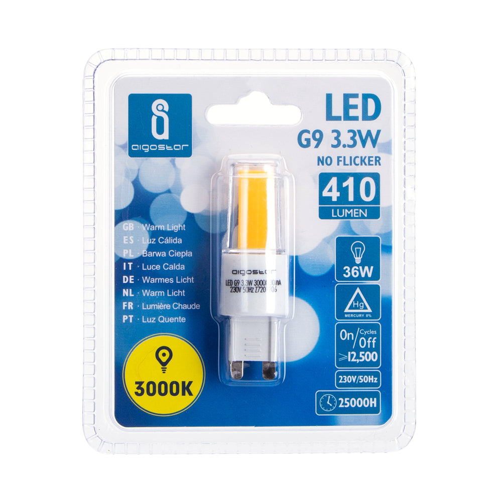 LED pære med G9 fatning, 3.3W, erstatter 36W, input 230V, 370lm, RA80, 3 års producentgaranti