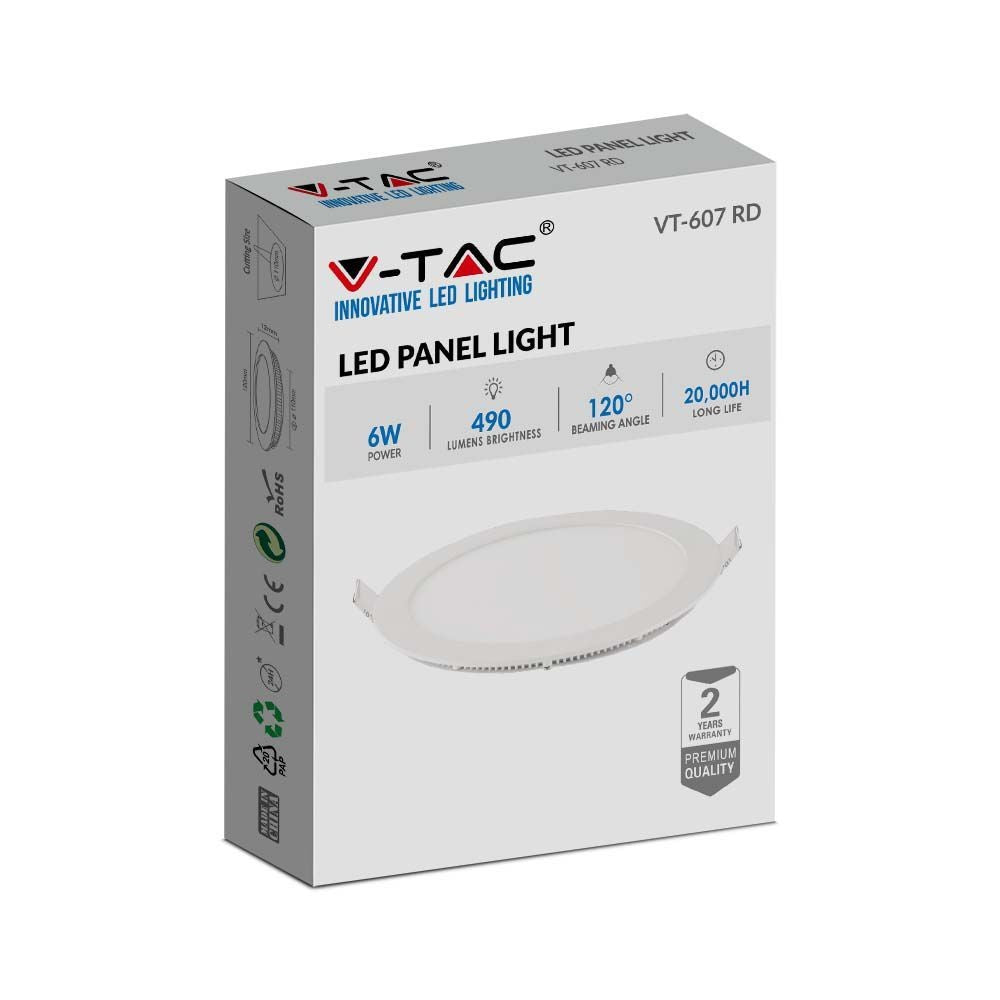 V-Tac 6W LED Indbygningspanel - Hul: Ø10,5 cm, Mål: Ø12 cm, 230V, Erstatter 45W, 420lm, RA80