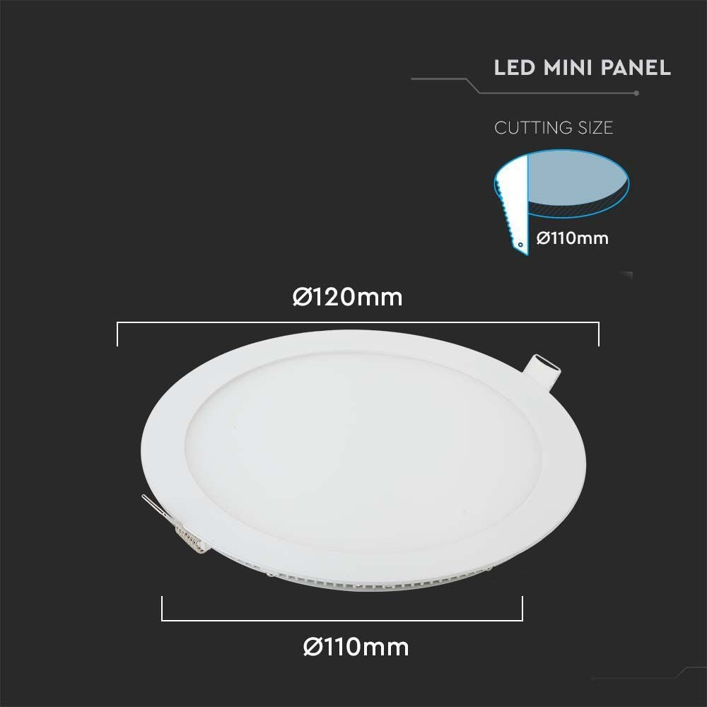 V-Tac 6W LED Indbygningspanel - Hul: Ø10,5 cm, Mål: Ø12 cm, 230V, Erstatter 45W, 420lm, RA80