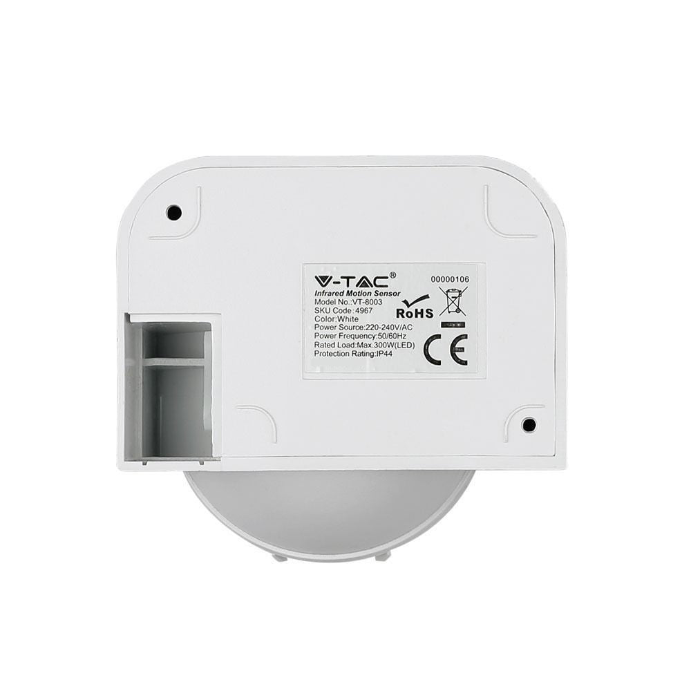 V-Tac bevægelsessensor - LED venlig, hvid, PIR infrarød, IP44 udendørs (230V input)