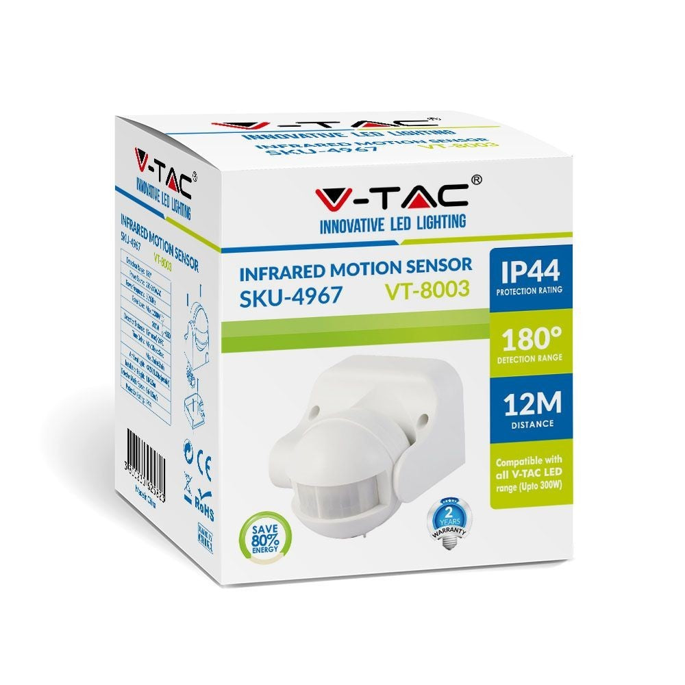 V-Tac bevægelsessensor - LED venlig, hvid, PIR infrarød, IP44 udendørs (230V input)