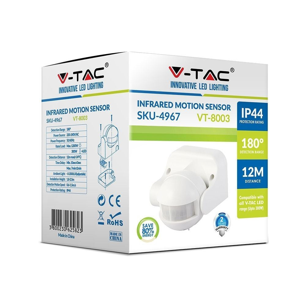 V-Tac bevægelsessensor - LED venlig, hvid, PIR infrarød, IP44 udendørs (230V input)