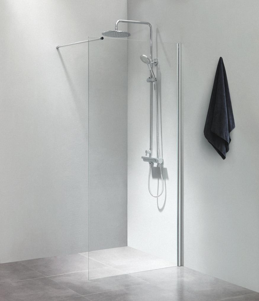 Fritstående væg 90x200cm klart glas, med 100cm forhængsstang
