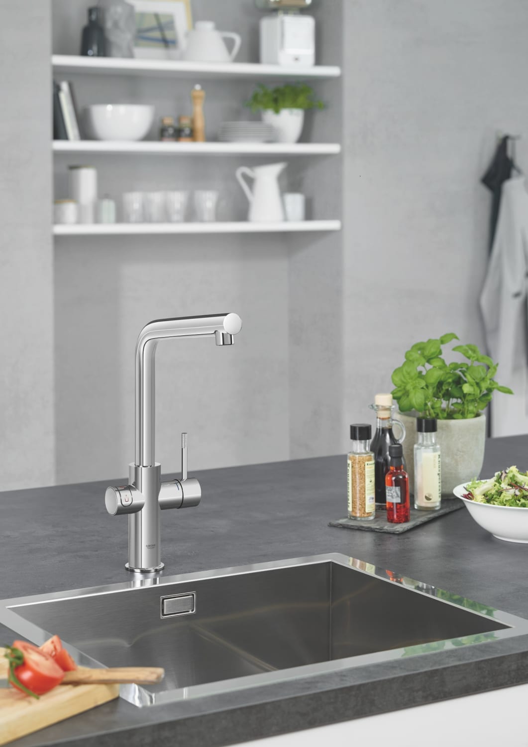 Grohe Red Duo køkkenarmatur m/ L-tud & 3 liters kedel, krom