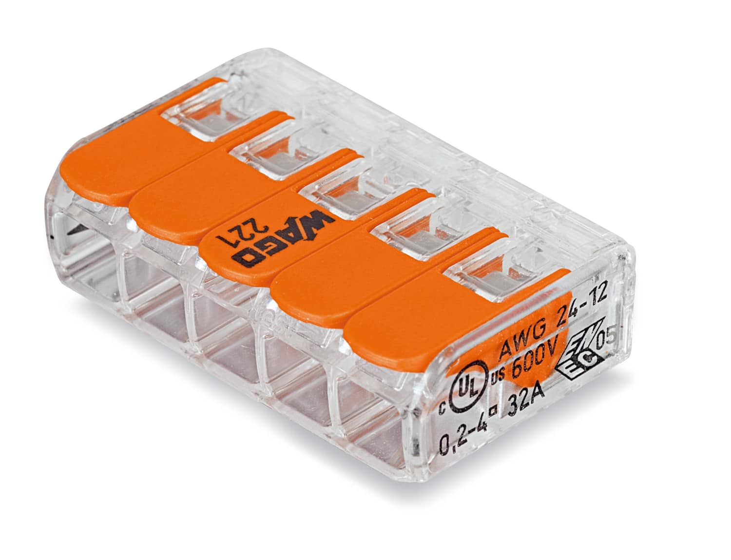 Samlemuffe 5x0,2-4 mm² transparent med orange pal, serie 221