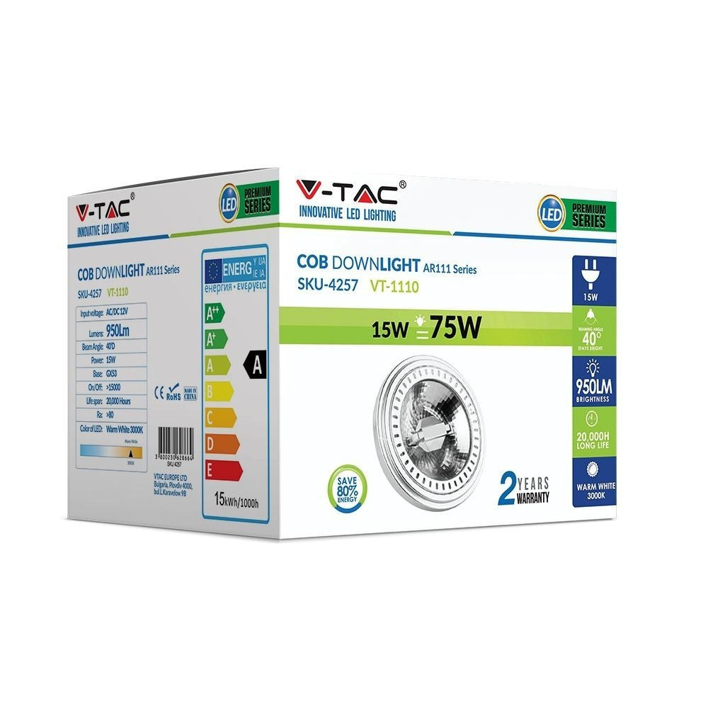 V-Tac 15W LED spot - 12V, G53 AR111 erstatning for 75W - 780lm, RA80