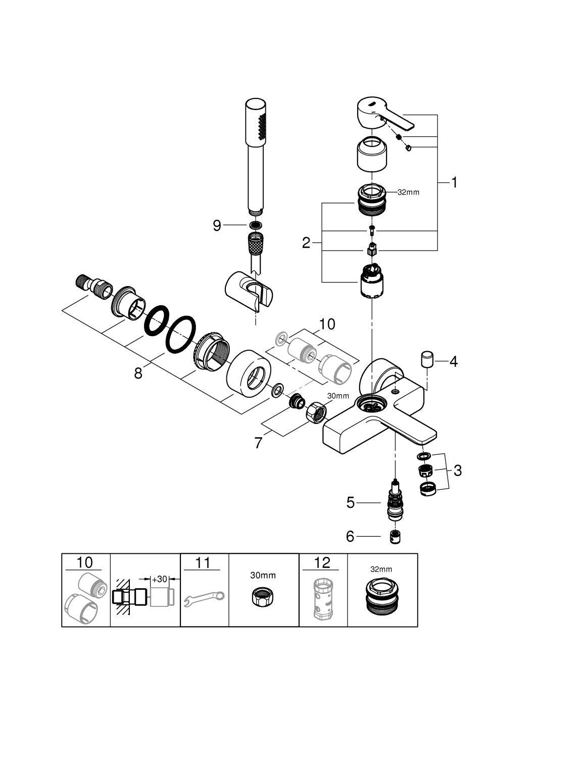 Lineare 1-Grebsbatteri til kar & brus DN 15