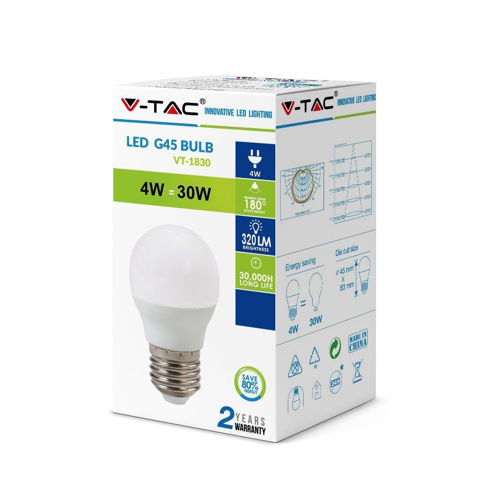 V-Tac 4W LED pære - G45, kompakt, E27, erstatning for 30W