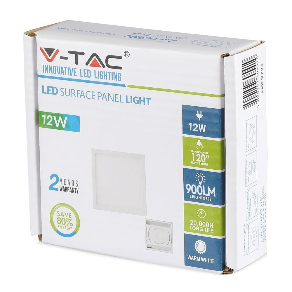 V-Tac 12W LED loftslampe - 14 x 14cm, Højde: 2,4cm, hvid kant, inkl. lyskilde, erstatter 60W, 900lm